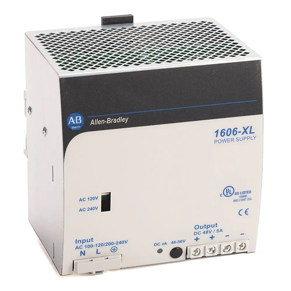 Allen-Bradley 1606-XL480EP Bulletin 1606 switched-mode power supply, 24V DC output, 20A, 480W, DIN rail mount, 3-phase 380-480V AC input. Regulated ou