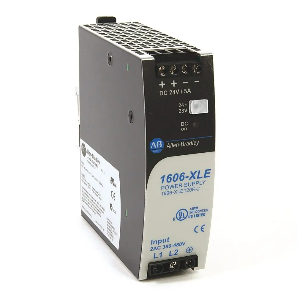 Allen-Bradley 1606-XLE120EN Bulletin 1606 switched-mode power supply delivers 24V DC at 5A continuous output (120W). This DIN rail-mount unit features
