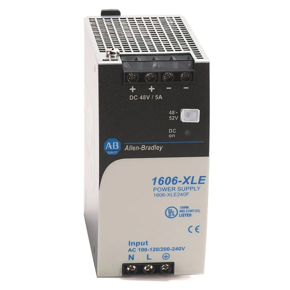 Allen-Bradley 1606-XLE80E Essential Series switched-mode power supply, 24V DC output, 3.3A (80W), wide-range 85-264V AC input. Compact DIN rail-mount