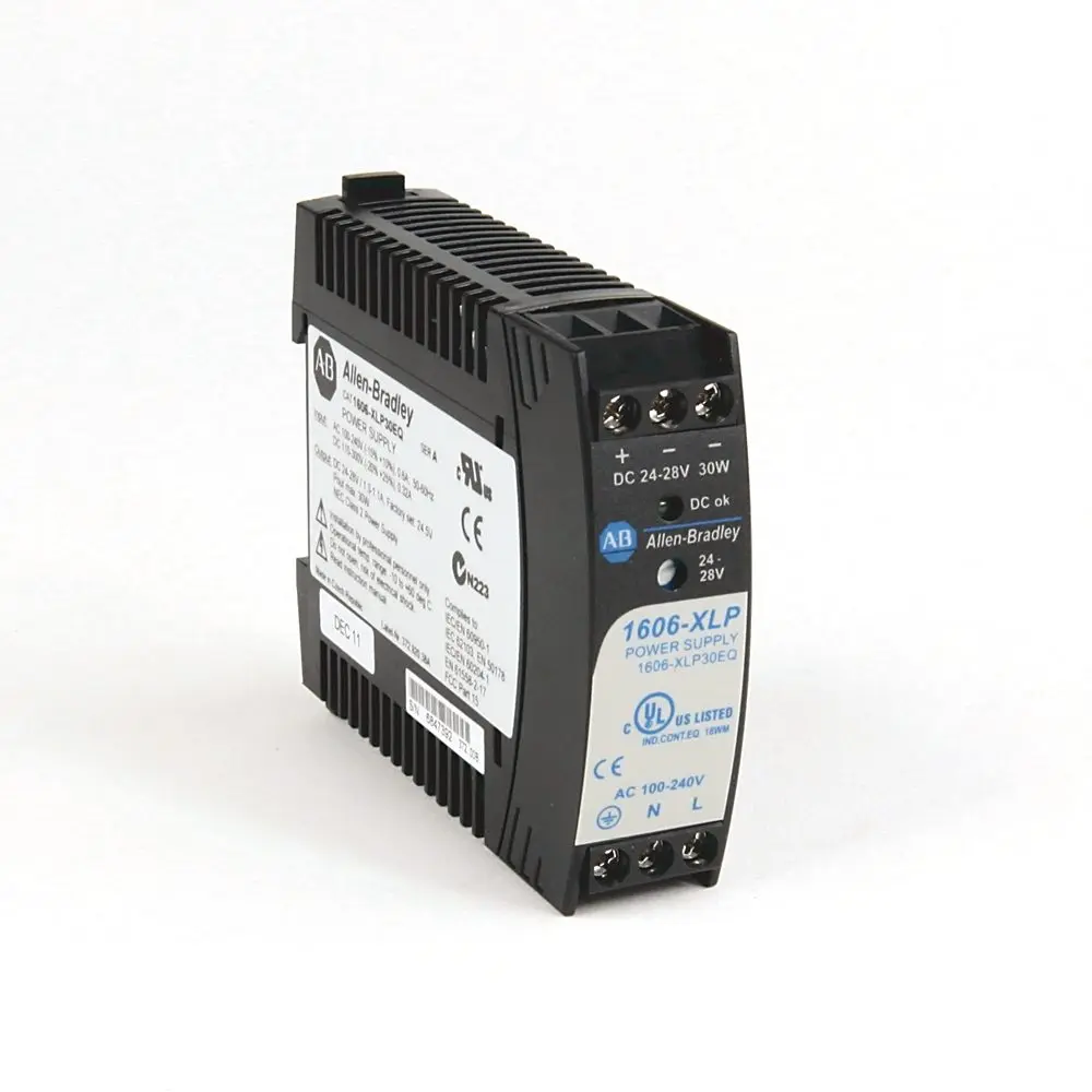 Allen-Bradley 1606-XLP30EQ Bulletin 1606 switching power supply, 24V DC output, 1.3A, 30W, wide-range 85-264V AC input, DIN rail mount with screw term