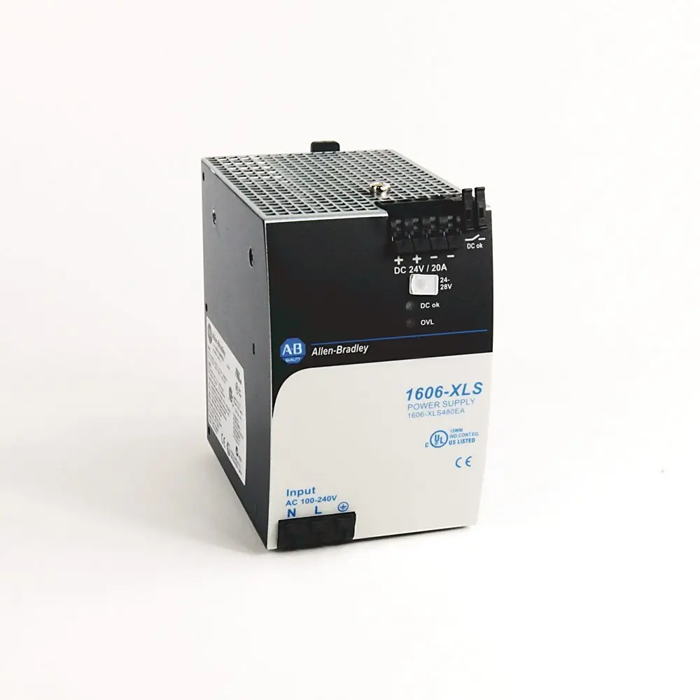 Allen-Bradley 1606-XLS480E-3C conformally coated high-performance DIN rail power supply, 480W output, 24V DC at 20A continuous current. Wide-range 85-