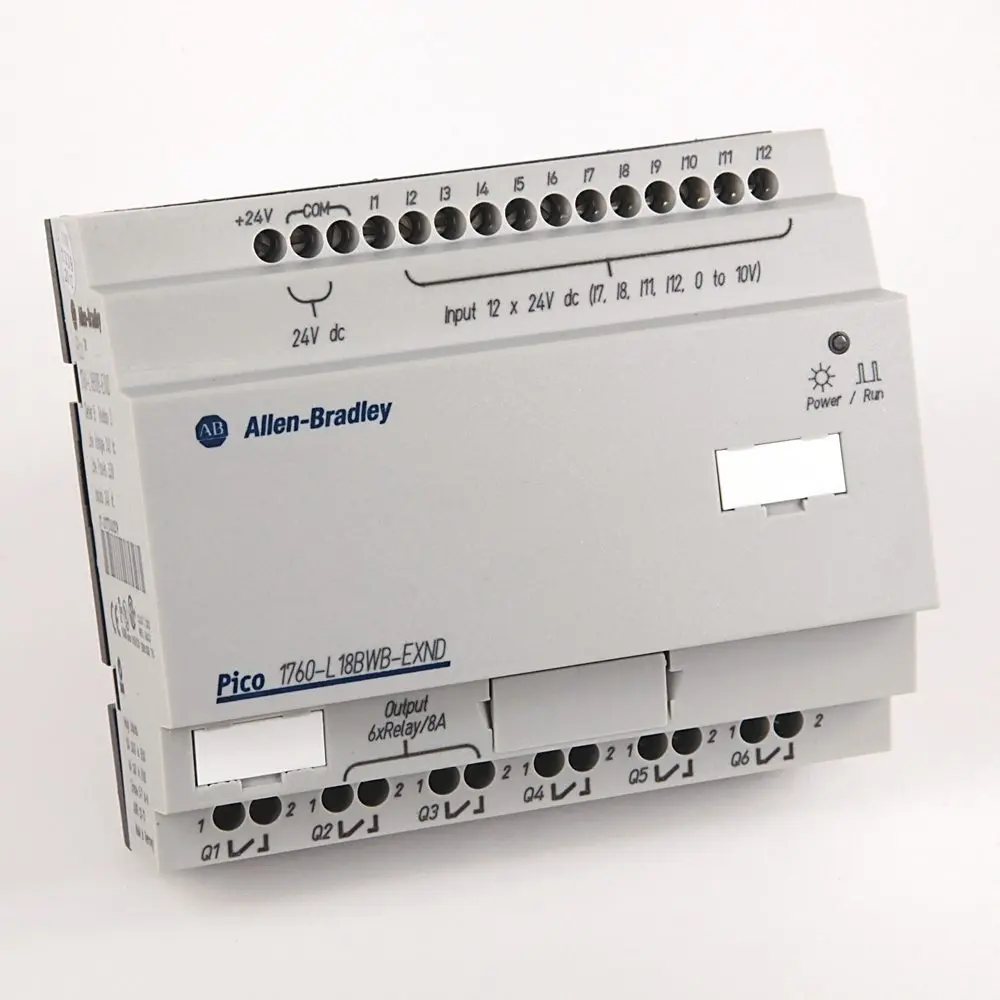 Allen-Bradley 1760-L18BWB-EXND 18 I/O PICO controller with real-time clock (RTC), 24V DC operation, and expandable I/O configurations. Compact program