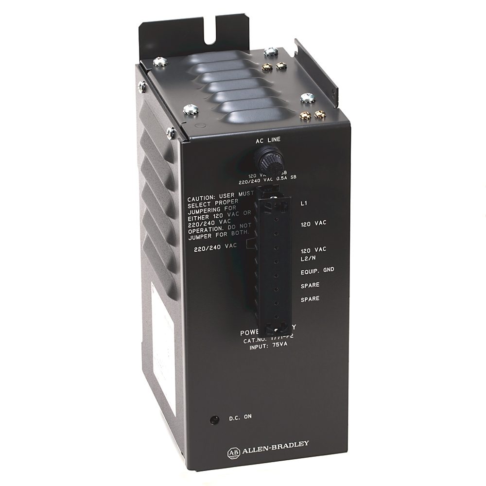 Allen-Bradley 1771-P2 power supply for Bulletin 1771 PLC I/O systems. Provides 6.5A output current at 120/220V AC input voltage. Compatible with legac