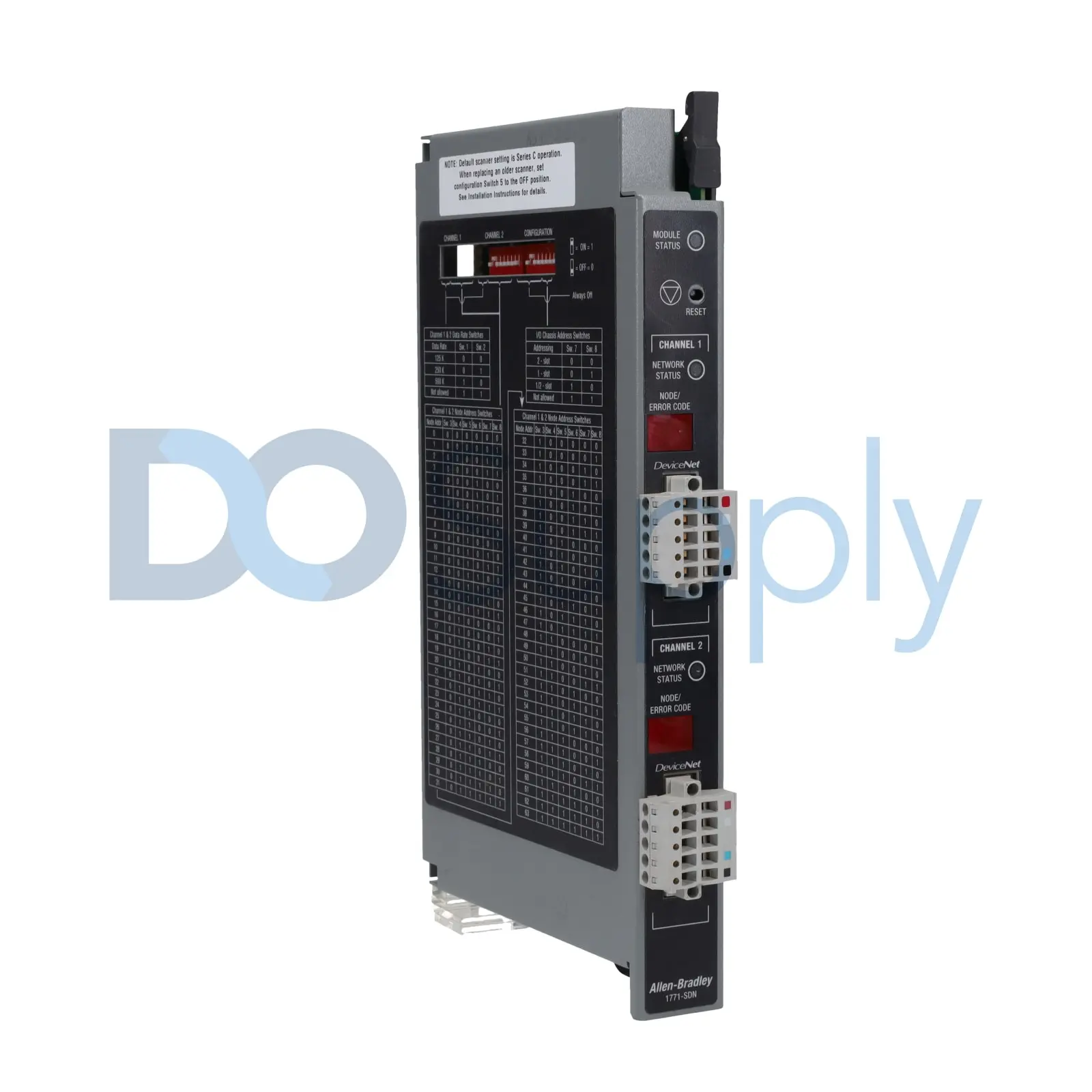 Allen-Bradley 1771-SDN DeviceNet Scanner Module for Bulletin 1771 PLC-5 I/O systems. Provides a communication interface between the PLC-5 processor an