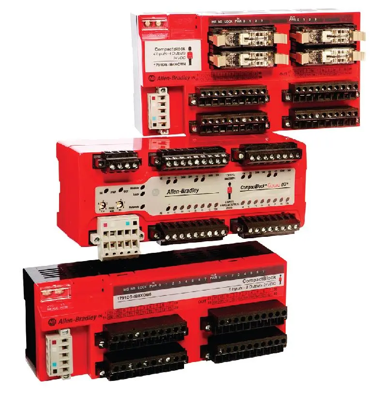 Allen-Bradley 1791DS-IB8XOB8 DeviceNet Safety CompactBlock I/O module with 8 safety-rated inputs and 8 safety-rated outputs. This Bulletin 1791DS modu