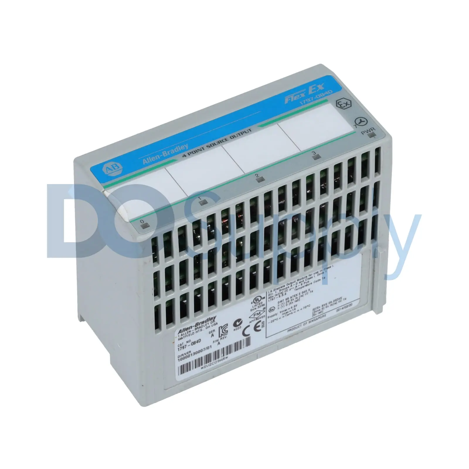 Allen-Bradley 1797-OB4D FLEX EX 4-point source output module for hazardous locations. This 4-channel discrete output module provides 24V DC sourcing o