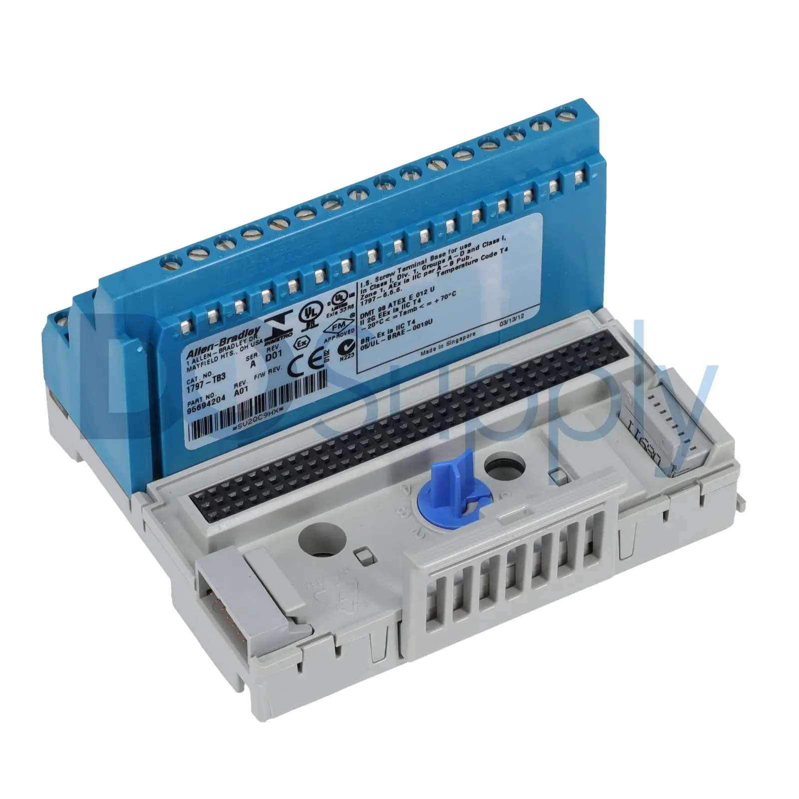 Allen-Bradley 1797-TB3 screw terminal base for Bulletin 1797 Compact I/O modules. DIN rail-mountable base provides screw-clamp field terminations for