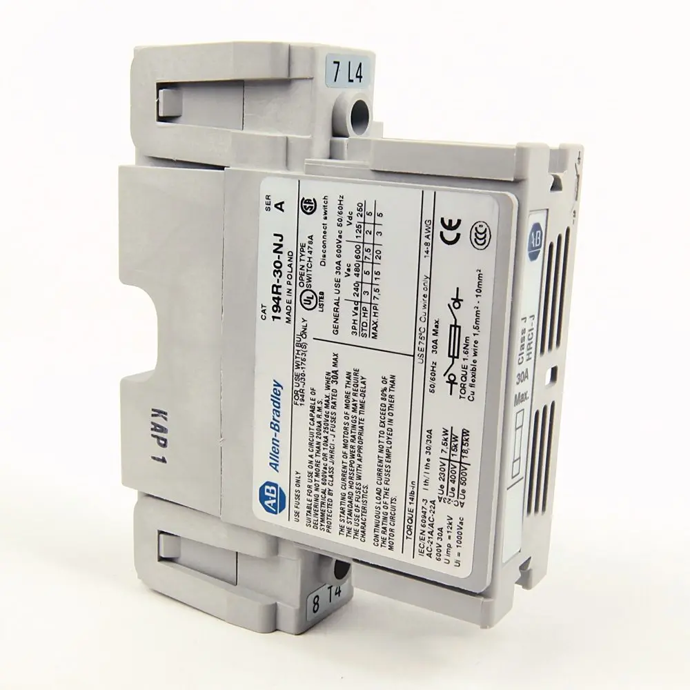 Allen-Bradley 194R-30-NJ Bulletin 194R 4-pole neutral rotary disconnect switch, non-fused, rated 30A and 600V. Compact, touch-safe design with double-