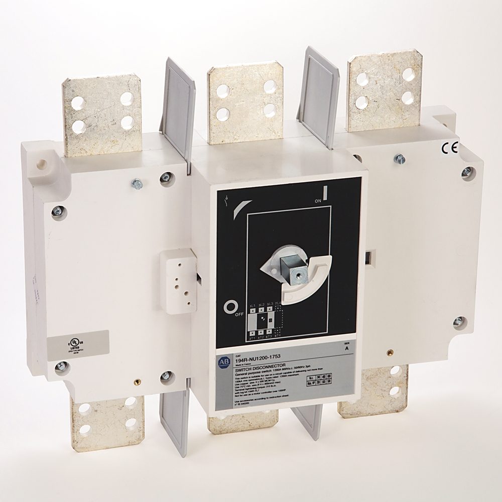 Allen-Bradley 194R-NU1200-1753 Bulletin 194R non-fused rotary disconnect switch, 1200A, 600V AC, 3-pole. Compact touch-safe design with double-break s