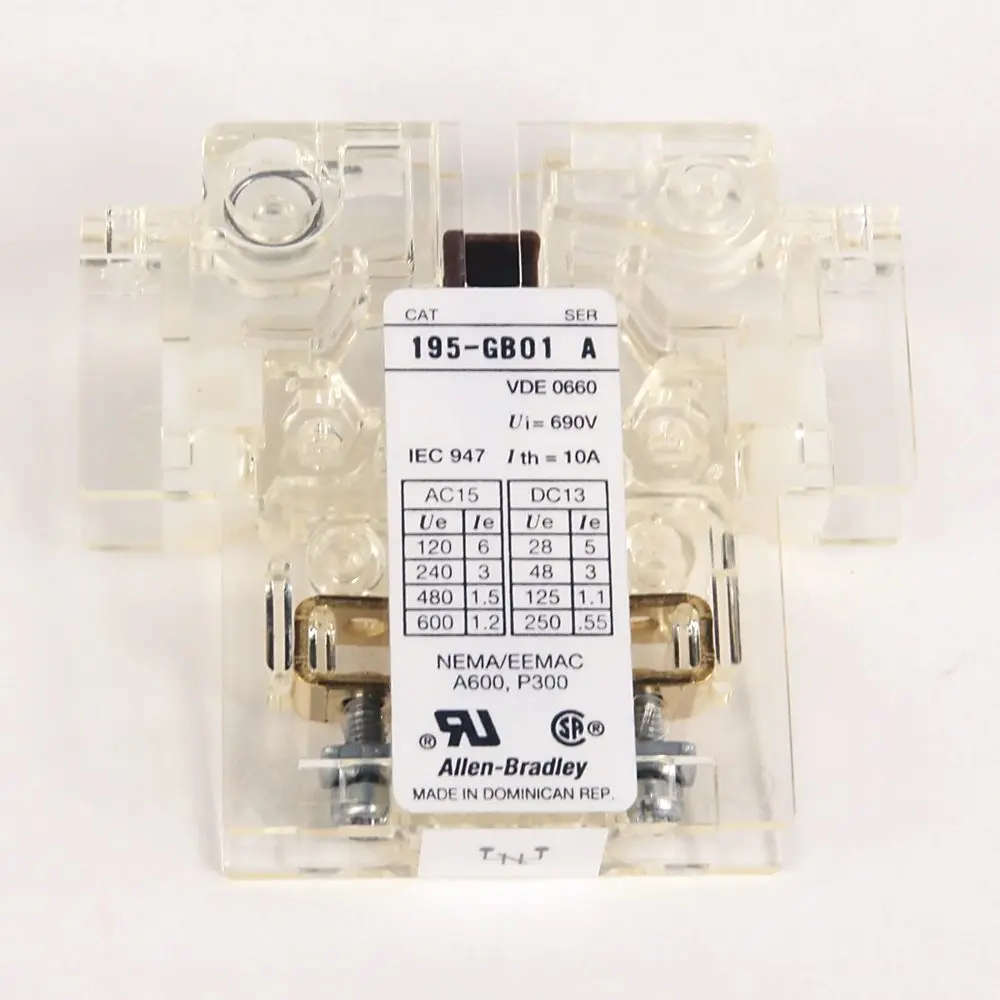 Allen-Bradley 195-GB01 auxiliary contact block provides one normally open (1 N.O.) contact with screw-clamp terminals for Bulletin 195 and 592 series
