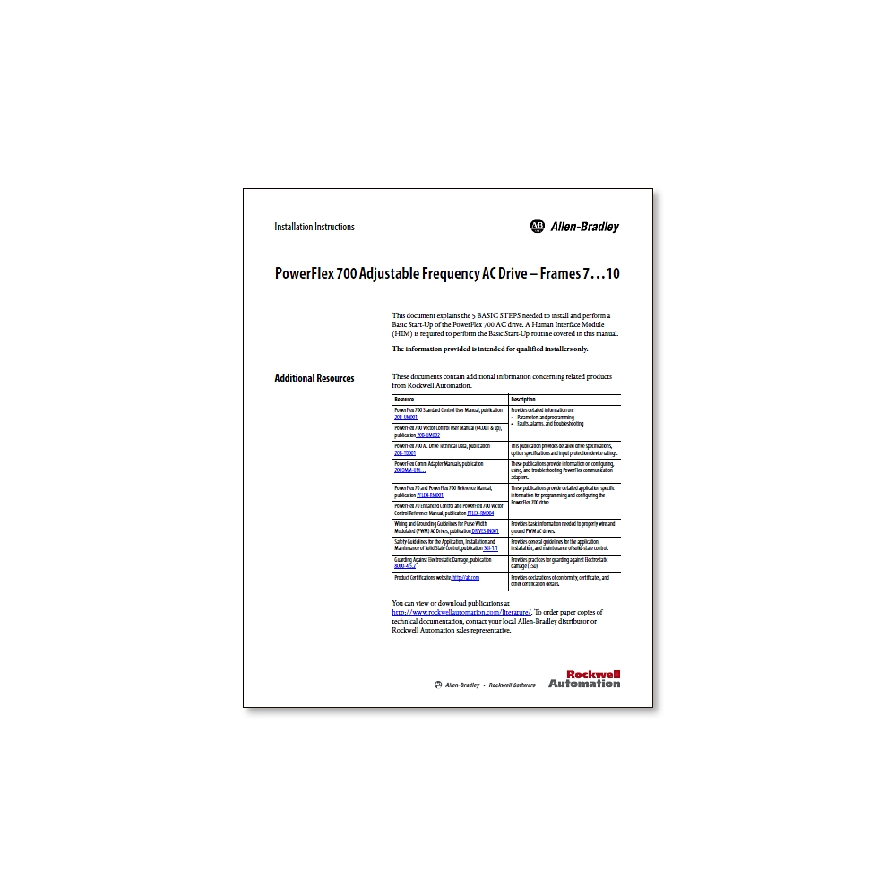 Allen-Bradley PF700,F7-10 INSTALLATION PUB KIT,ENGLISH 20B-PUB-IN2-EN