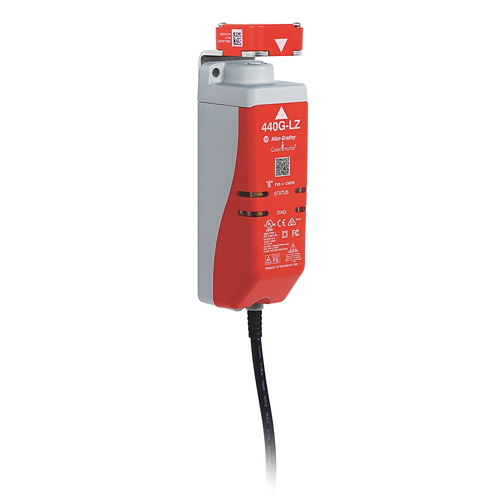 Allen-Bradley 440G-LZS21UPLB Bulletin 440G safety interlock switch with tongue actuator, two normally closed (N.C.) safety contacts, 24V DC solenoid f