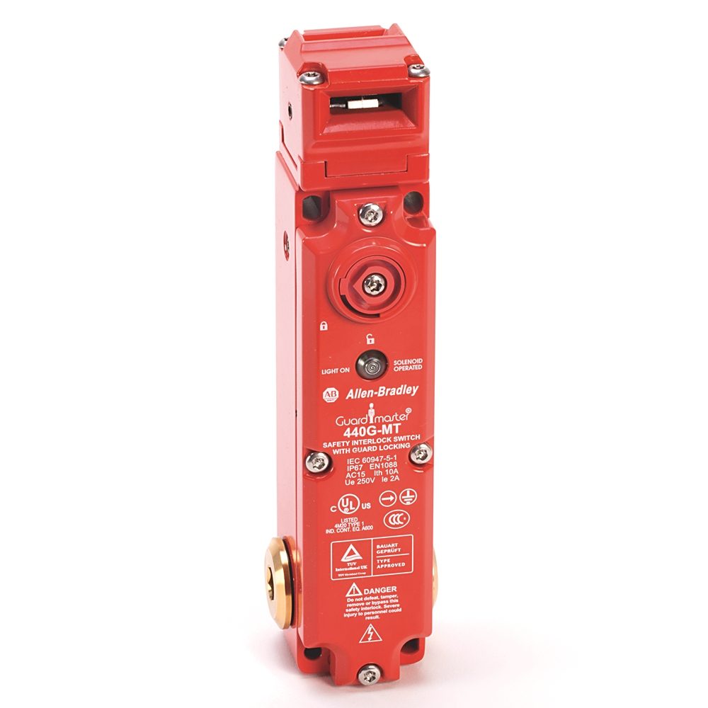 Allen-Bradley 440G-MT47076 tongue actuator guard locking safety interlock switch from the Bulletin 440G family. Designed for safety applications requi
