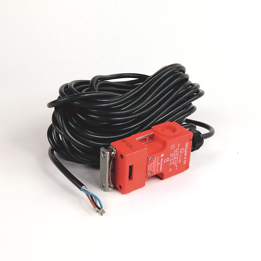 Allen-Bradley 440K-H11161 Trojan 5-EX safety interlock switch with four normally open contacts for non-contact guard door monitoring. Designed for saf