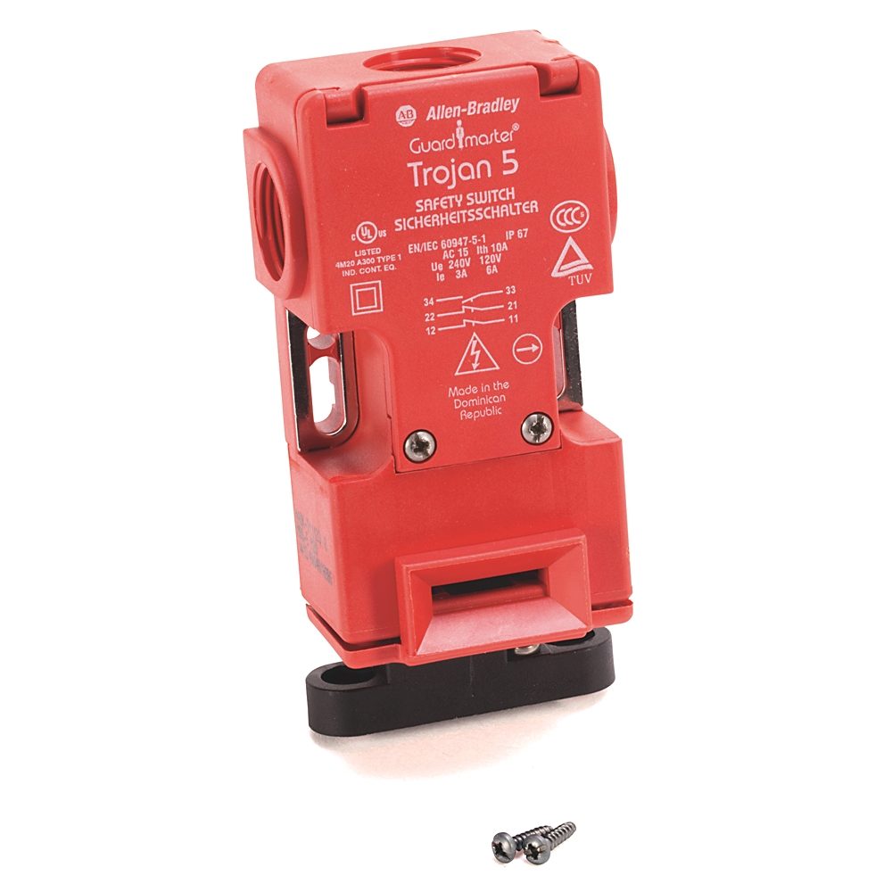 Allen-Bradley 440K-T11282 Trojan 6 safety interlock switch with 2 normally open (N.O.) safety contacts and positive opening operation, rated for 24V D
