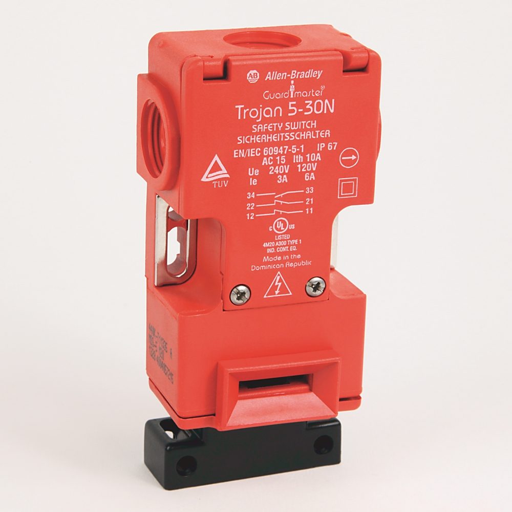 Allen-Bradley 440K-T11338 Trojan 6 safety interlock switch with four contacts for guard locking applications. This Bulletin 440K switch provides compr