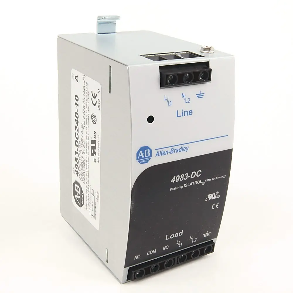 Allen-Bradley 4983-DC240-10 Bulletin 4983 DIN rail mount filter and surge protector, 240V AC, 10A. Protects sensitive electronic equipment such as PLC