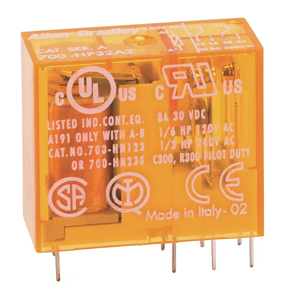 Allen-Bradley 700-HPX2A24 Bulletin 700 plug-in ice cube relay with 24V AC coil, 2-pole DPDT (2 Form C) contacts, 10A thermal current rating at 600V ma