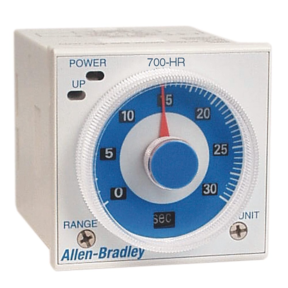 Allen-Bradley 700-HRV52TU24 Bulletin 700-HRV high-performance timing relay with 48V AC/DC input, DPDT (2 Form C) 5A contact output, and 0.05-second to