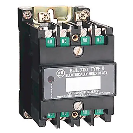 Allen-Bradley 700-R800A1 Bulletin 700 8-pole industrial control relay with 120V AC coil and 10A silver-nickel contacts rated 600V maximum. Modular des