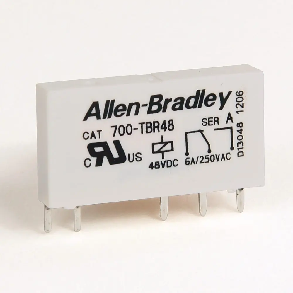 Allen-Bradley 700-TBR48 Bulletin 700 terminal block relay with 1-pole 6A contact rating and 24-240V AC/DC wide-range input. 6.2 mm wide per-pole desig