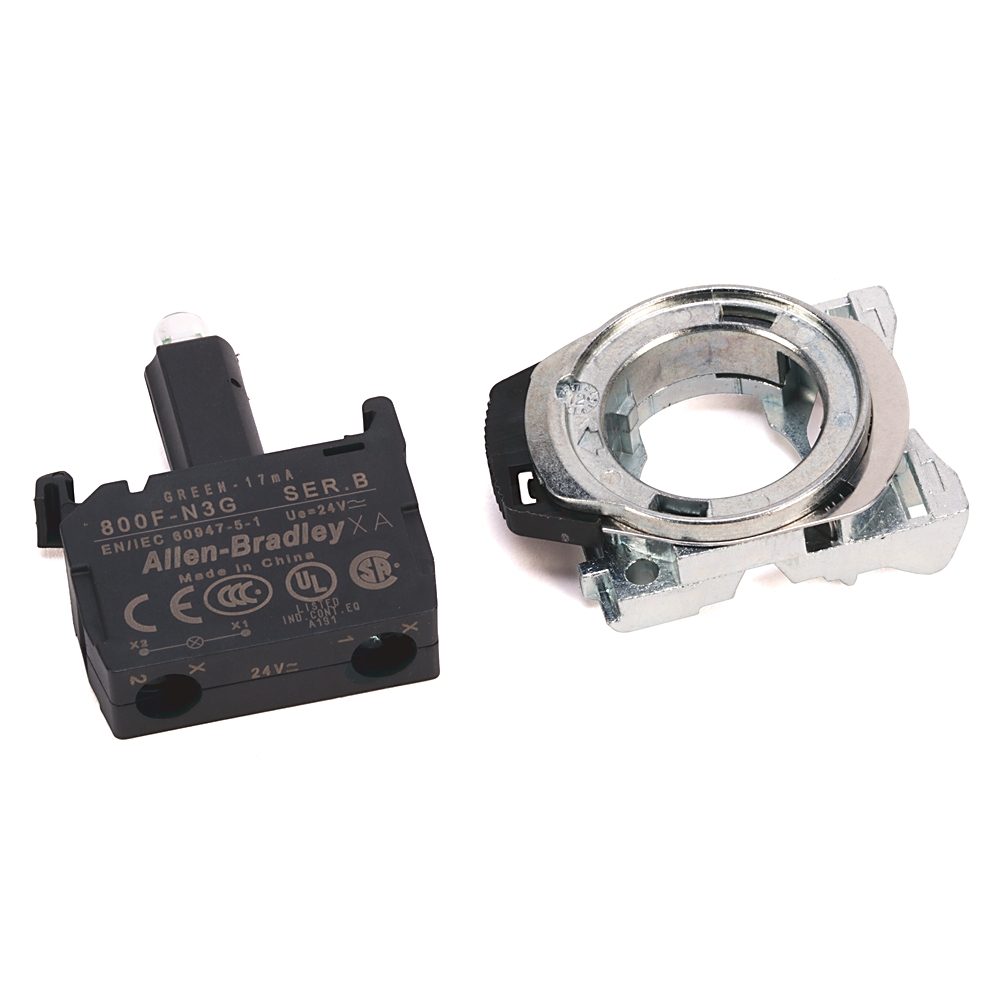 Allen-Bradley 800F-PN3RX11 22mm contact module with latching mechanism for Bulletin 800F push button operators. Features one normally open (N.O.) and