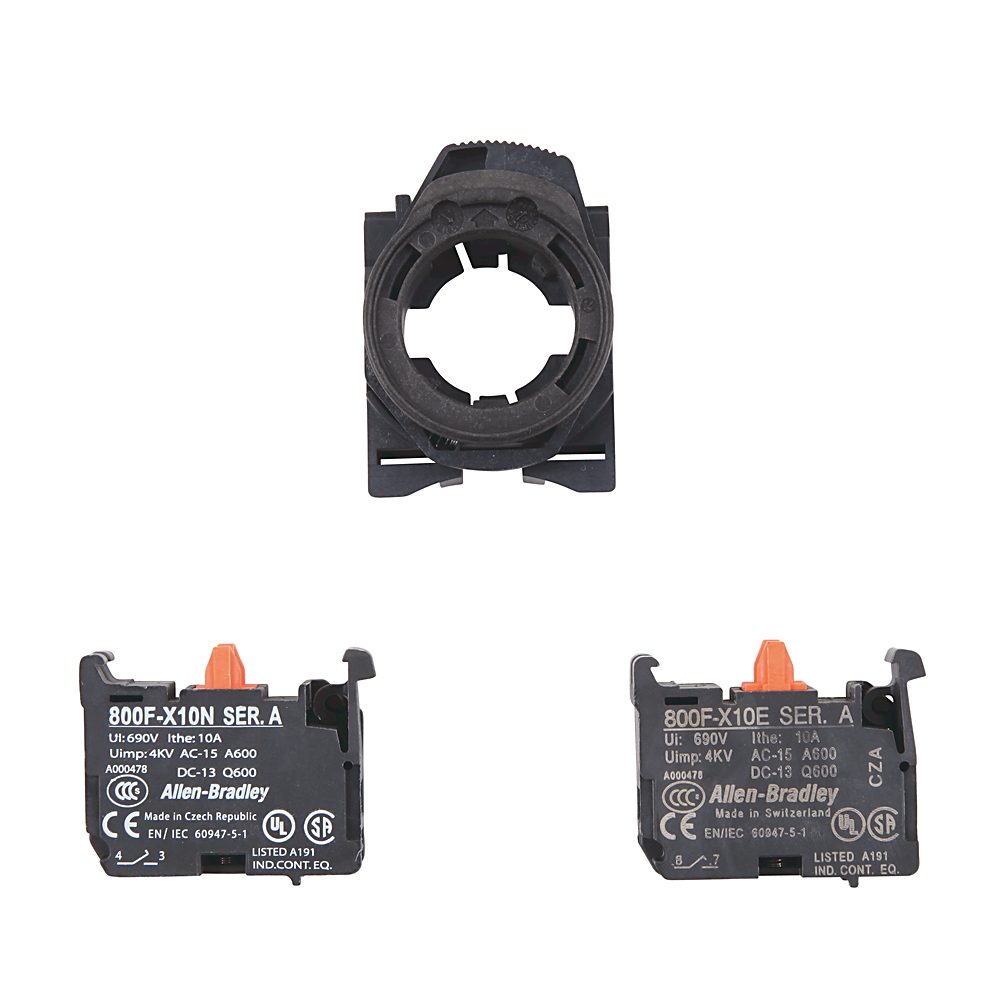 Allen-Bradley 800F-PX22 22mm contact block for Bulletin 800F push button operators, featuring two normally open (2 N.O.) contacts with screw-clamp ter