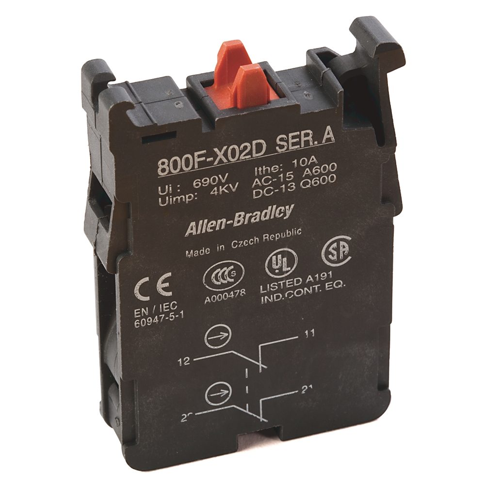 Allen-Bradley 800F-X02D 22mm dual-circuit contact block with two normally closed (N.C.) contacts, screw-clamp terminals, 10A thermal current, A600 uti