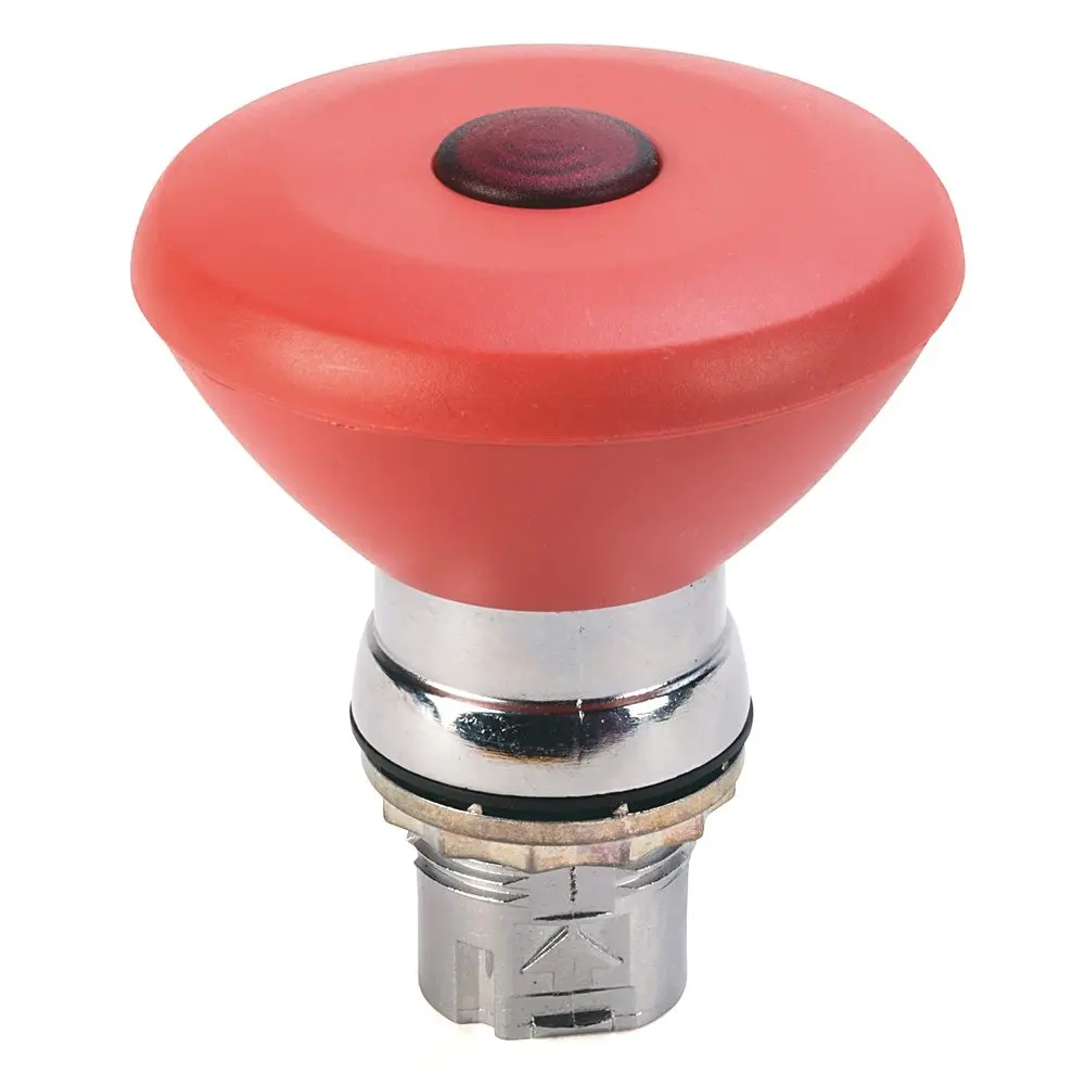Allen-Bradley 800FM-LMP64 30mm illuminated push button operator with 60mm red mushroom head for momentary contact operation. Die-cast zinc alloy metal