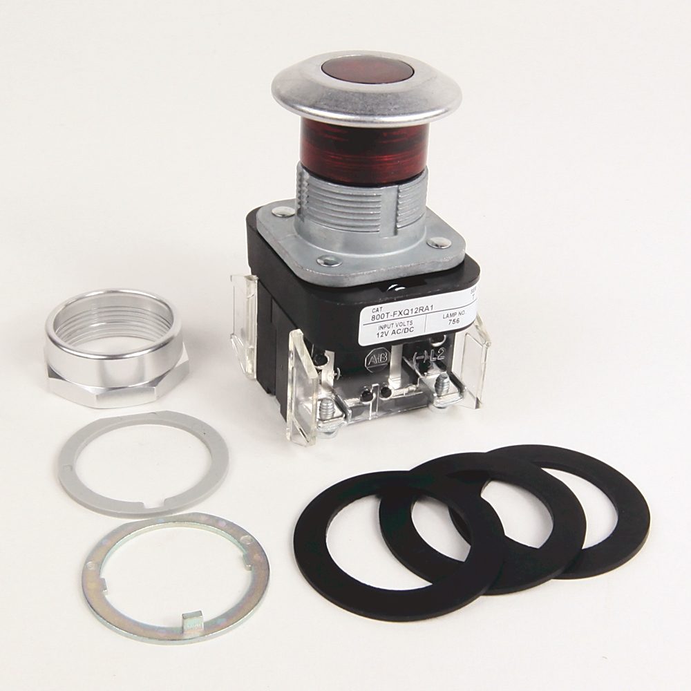 Allen-Bradley 800T-FXQ10RA1 30mm illuminated push button operator, Bulletin 800T, momentary contact, universal LED 12-130V AC/DC, red button cap, 1 N.