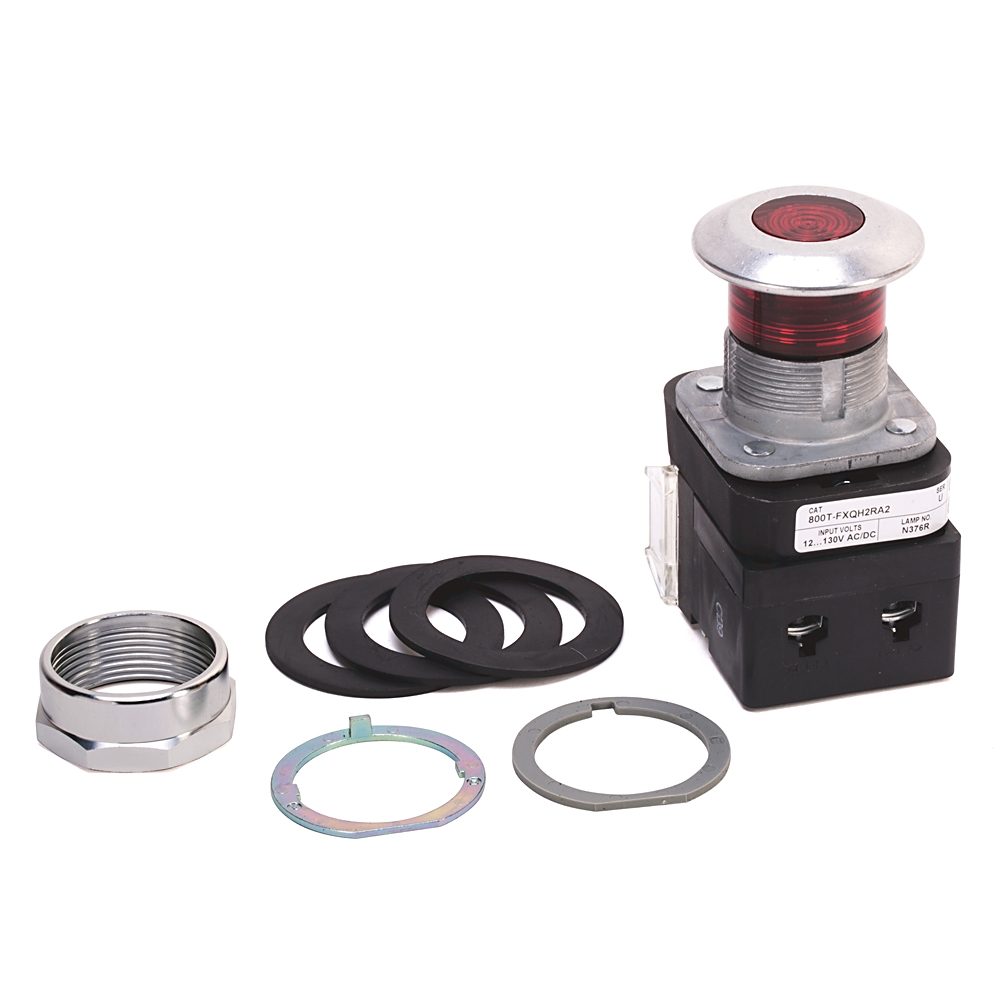 Allen-Bradley 800T-FXQH2RA2 Bulletin 800T 30mm illuminated push-pull operator with red universal LED (12-130V AC/DC). Type 4/13 watertight/oiltight mo