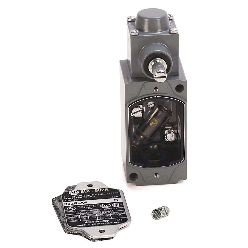 Allen-Bradley 802R-AMF Bulletin 802R heavy-duty limit switch with roller lever actuator, 1 N.O./1 N.C. contact configuration, 10A 600V rating, and NEM