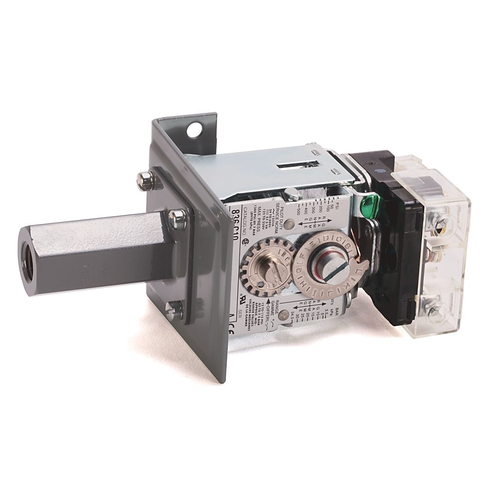 Allen-Bradley 836-C11J Bulletin 836 pressure switch with 1/4 NPT port connection and adjustable pressure range of 30 to 100 psi. SPDT contact configur
