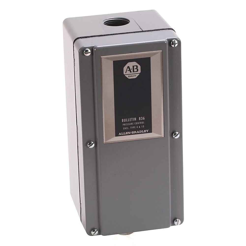 Allen-Bradley 836-C3S Bulletin 836 pressure control switch, 3-pole, 600V AC/DC maximum voltage, 10A thermal current. Adjustable set points for pressur