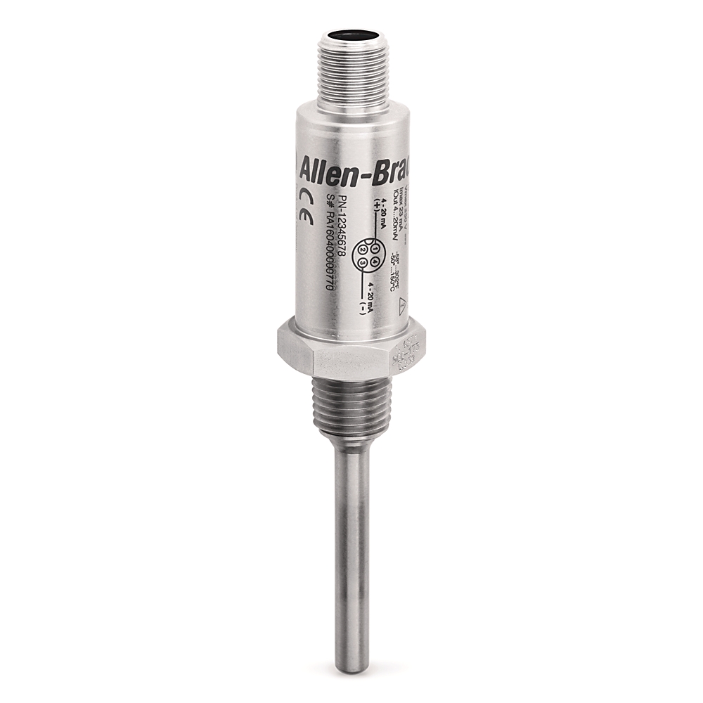 Allen-Bradley 837T-N1G14A50A-D4 compact temperature sensor from the Bulletin 837T family, designed for industrial monitoring applications. It features
