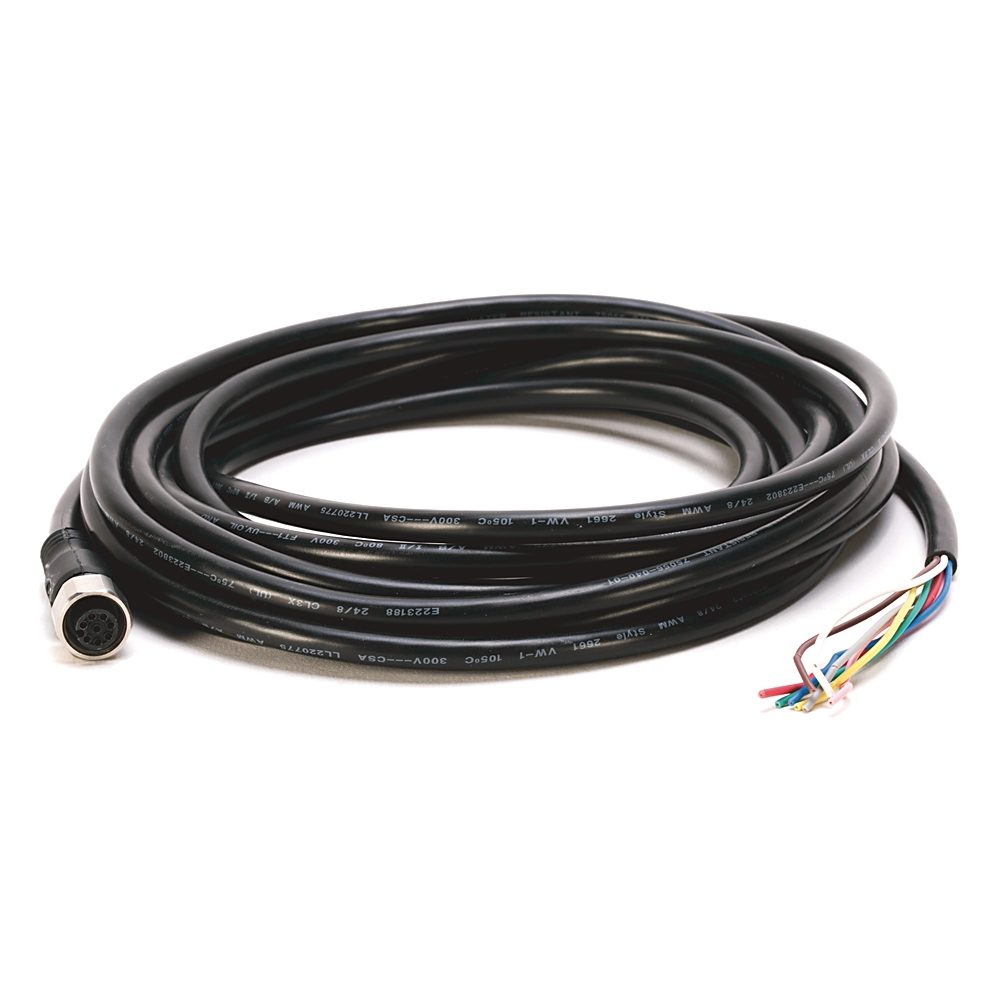 Allen-Bradley 889DS-F8AB-5 M12 8-pin straight connector cordset with 5-meter PVC cable. IP67-rated for dust and temporary immersion protection. Pre-wi