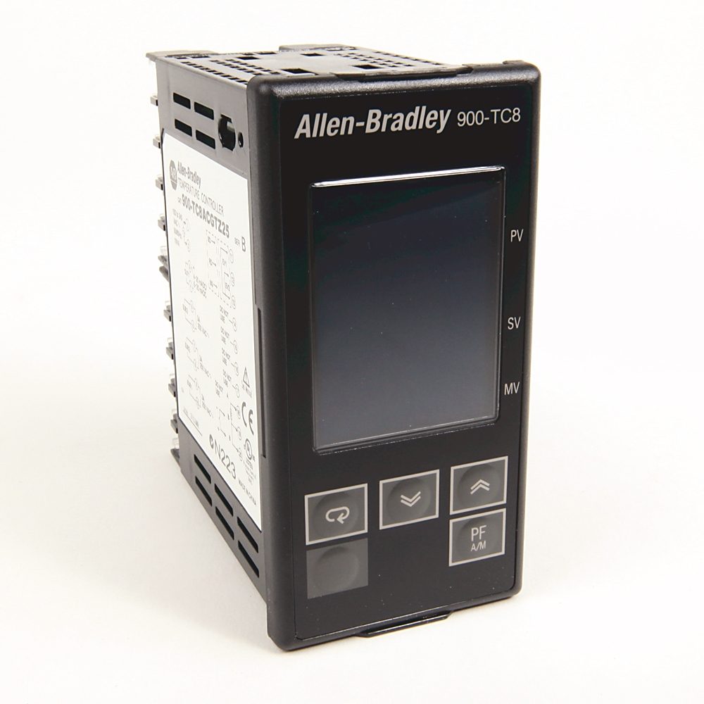 Allen-Bradley 900-TC8ACGTZ25 1/16 DIN temperature controller with 8A relay output, universal 100-240V AC power supply, and thermocouple input. Provide