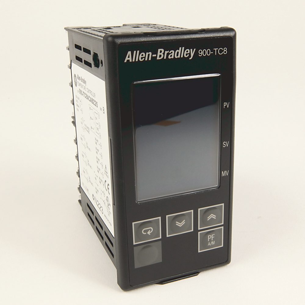 Allen-Bradley 900-TC8ACVGTZ25 Bulletin 900 1/16 DIN temperature controller with universal 100-240V AC power supply, 8A relay output for direct load sw