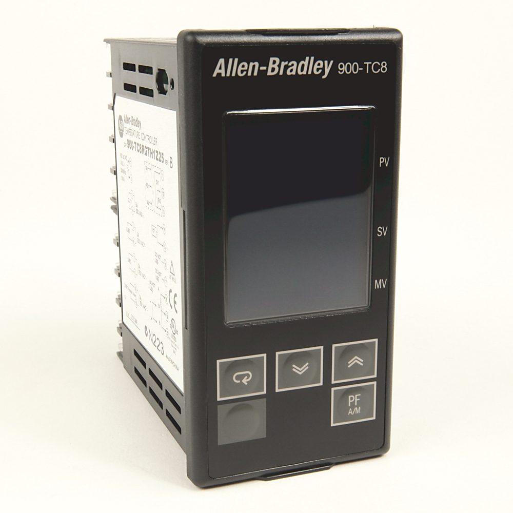 Allen-Bradley 900-TC8RGTH1U25 Bulletin 900 temperature controller with 1/8 DIN size and 1/4 DIN panel cutout, featuring a universal 24V AC/DC power su