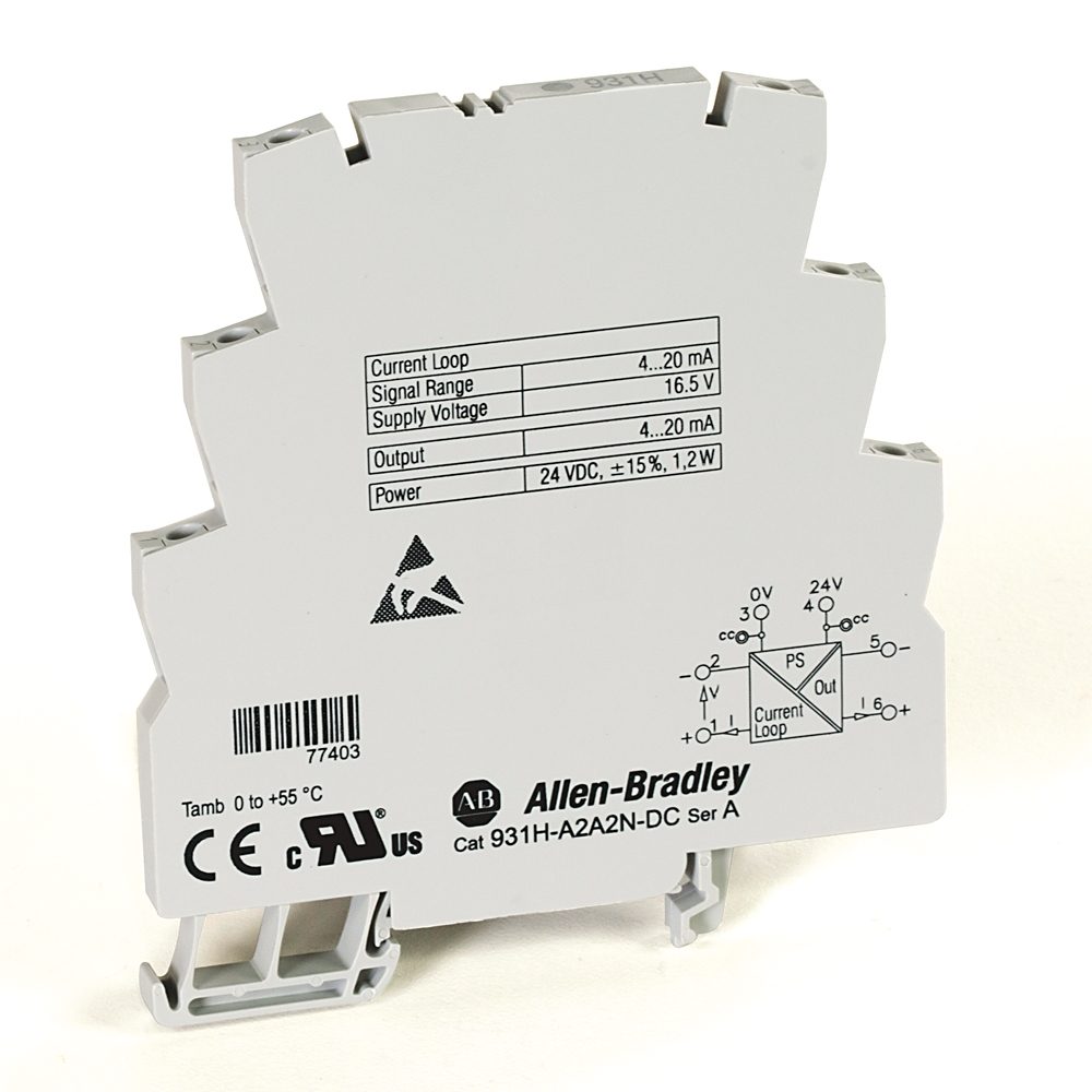 Allen-Bradley 931H-A2A2N-DC Bulletin 931H high-density signal conditioner and active isolator module, 3-way isolation, 24V DC supply. Provides electri