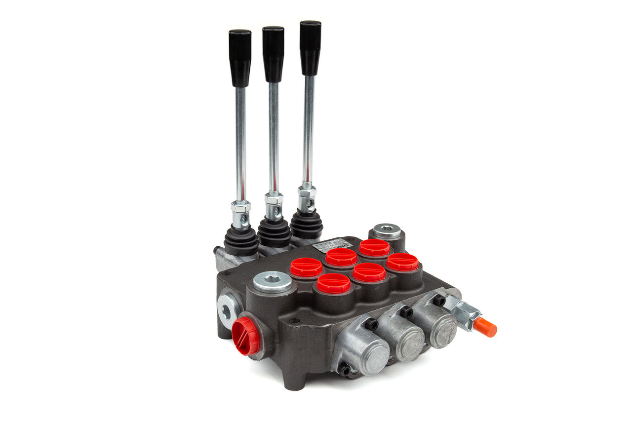 Bailey Hydraulics Directional Control Valve, 10 GPM, 4 Way 3 Pos, 3 Spool, Tandem Center with 180 degree rotated handles.