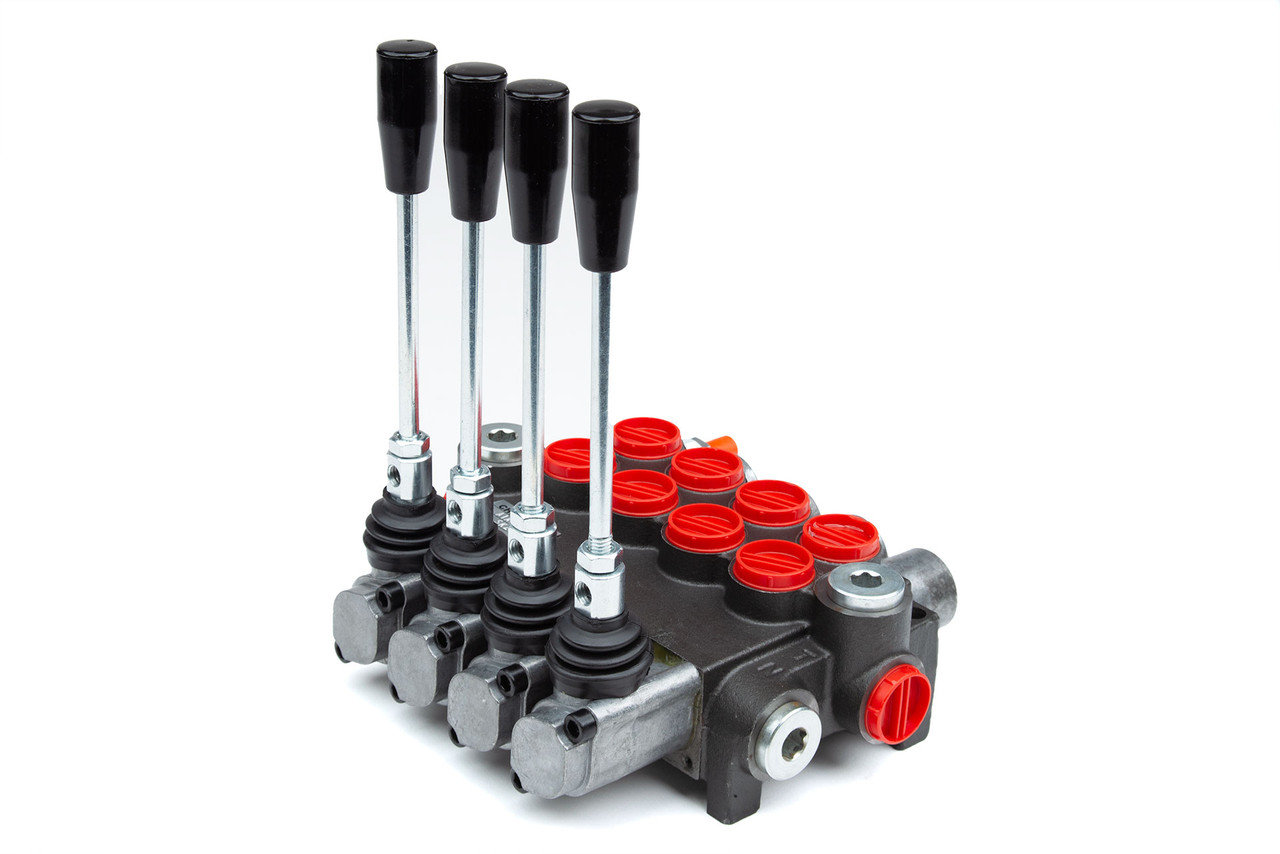 Bailey Hydraulics Directional Control Valve, 10 GPM, 4 Way 3 Pos, 4 Spool, Tandem Center with 180 degree rotated handles.