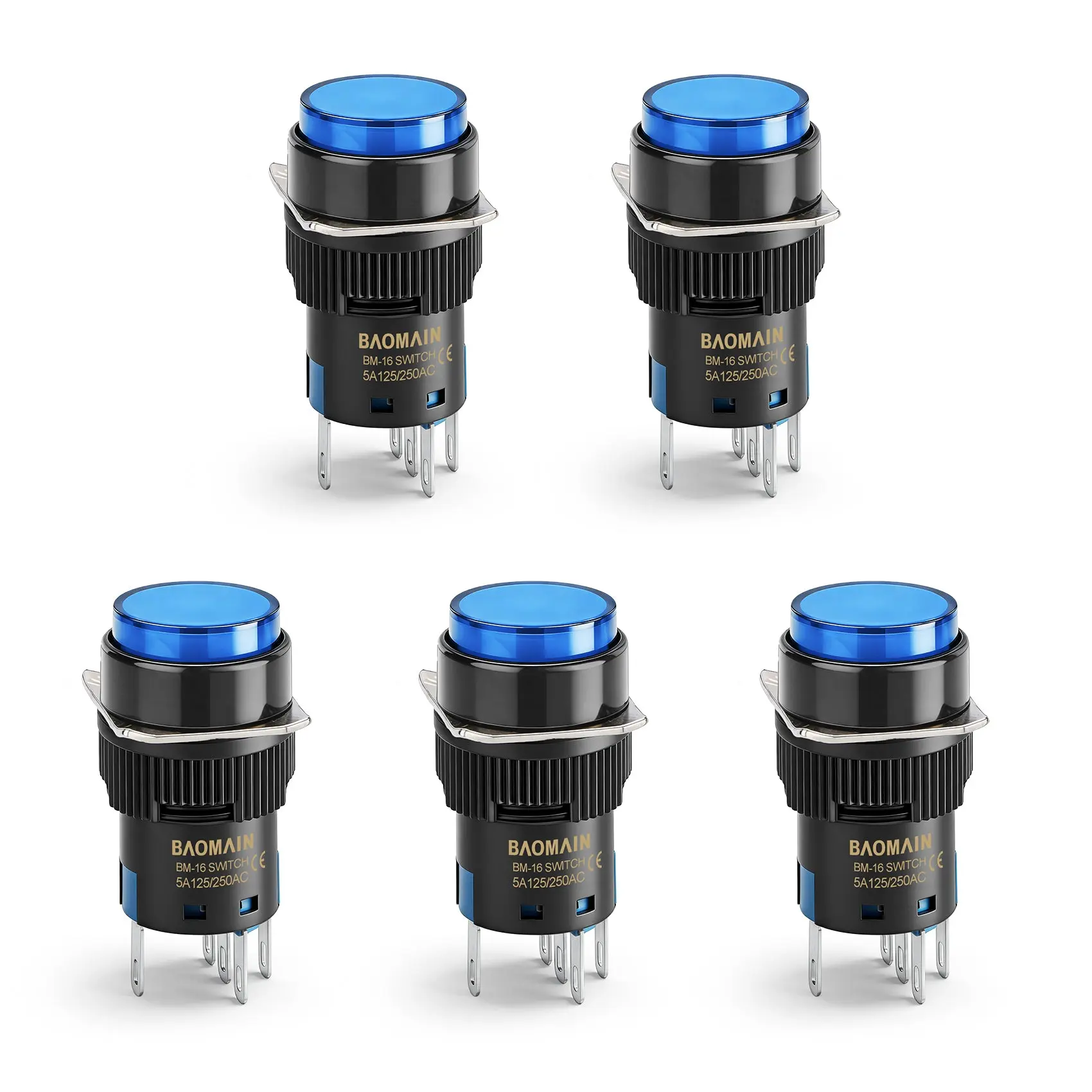 Baomain 16mm Round Momentary Blue Push Button Switch 12V/24V/110V/220V Blue LED Lamp SPDT 5 Pin Pack of 5 12V BM-16RM-B12V