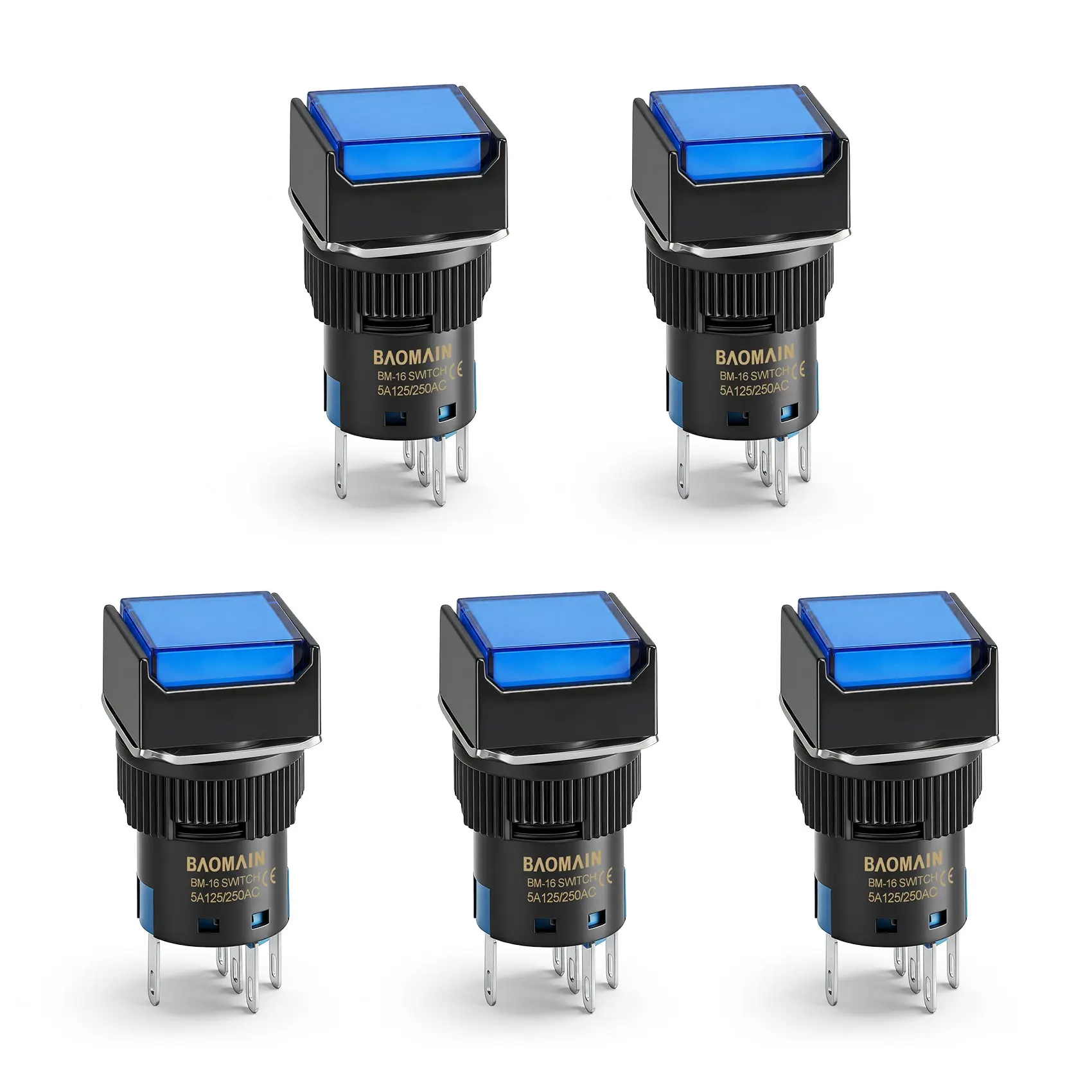 Baomain 16mm Momentary Push Button Switch Square Cap Blue LED Lamp 12V/24V/110V/220V SPDT 5 Pin Pack of 5 110V BM-16SM-B110V