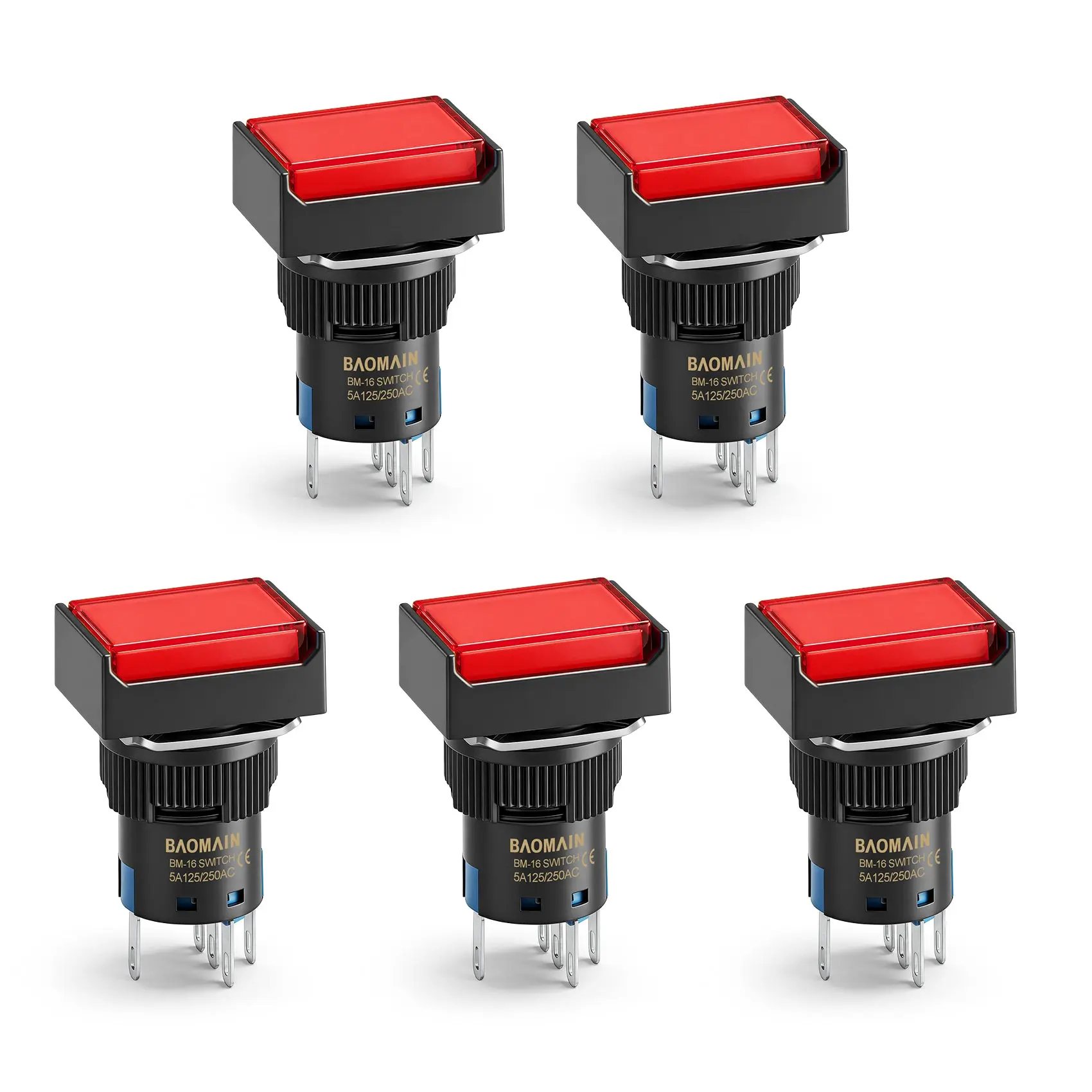 Baomain 16mm Red Latching/Maintained Push Button Switch Rectangular Cap Red LED Lamp SPDT 5 Pin Pack of 5 110V BM16-RLRD-110