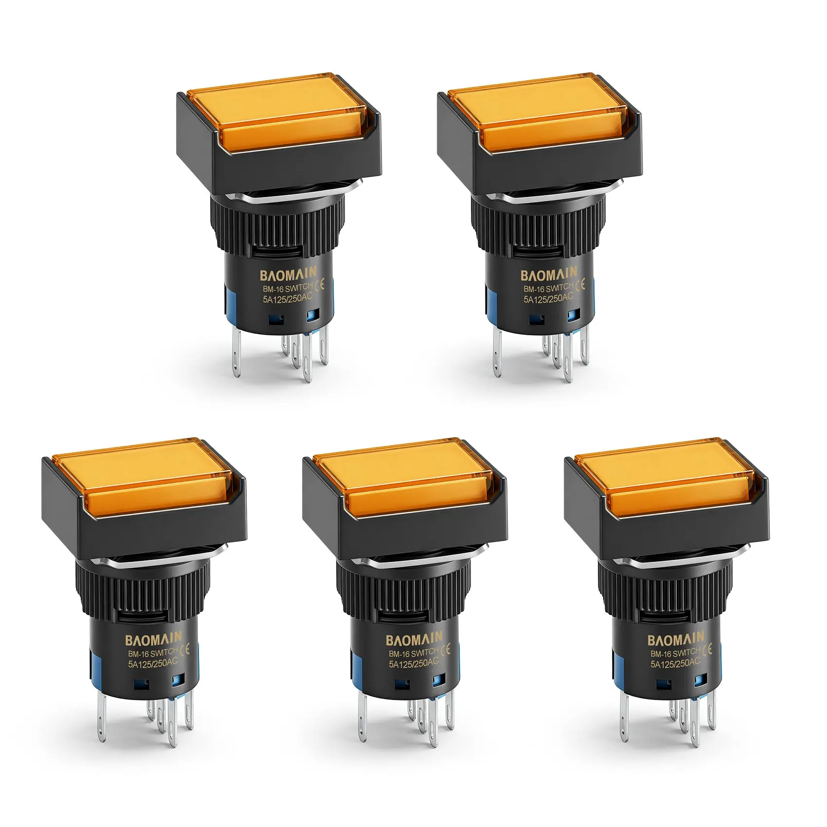 Baomain 16mm Orange Momentary Push Button Switch Rectangular Cap Orange LED Lamp SPDT 5 Pin Pack of 5 220V BM16-RMOR-220