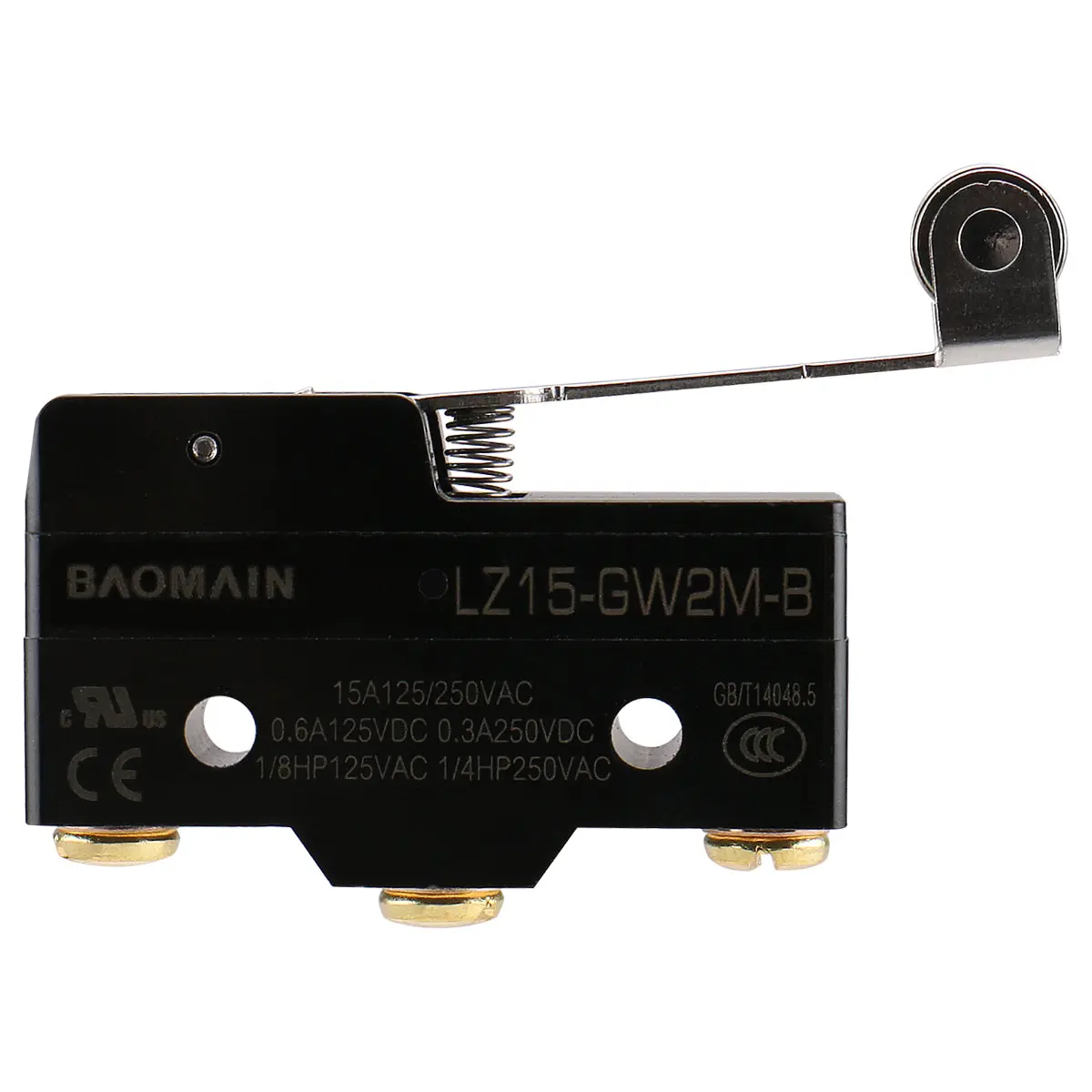 Baomain Micro Switch Z-15GW2S-B3( Z-15GW2M) 3-Screw Terminal Long Hinge Roller Lever AC DC Limit Pack of 2 Z-15GW2S-B3-2