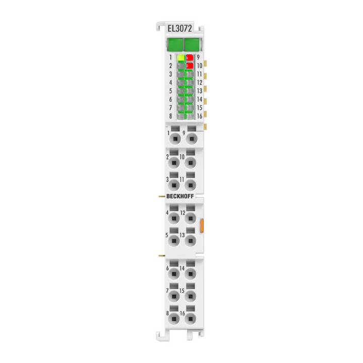 Beckhoff EtherCAT Terminal, 2-channel analog input, multi-function, ±10 V, ±20 mA, 16 bit, single-ended, 2 ksps EL3072