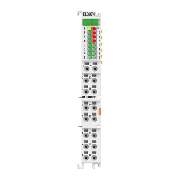 Beckhoff EtherCAT Terminal, 4-channel analog input, multi-function, ±10 V, ±20 mA, 16 bit, single-ended, 2 ksps EL3074