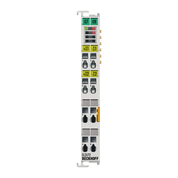 Beckhoff EtherCAT Terminal, 2-channel analog input, multi-function, ±10 V, ±20 mA, 16 bit, differential, electrically isolated EL3172